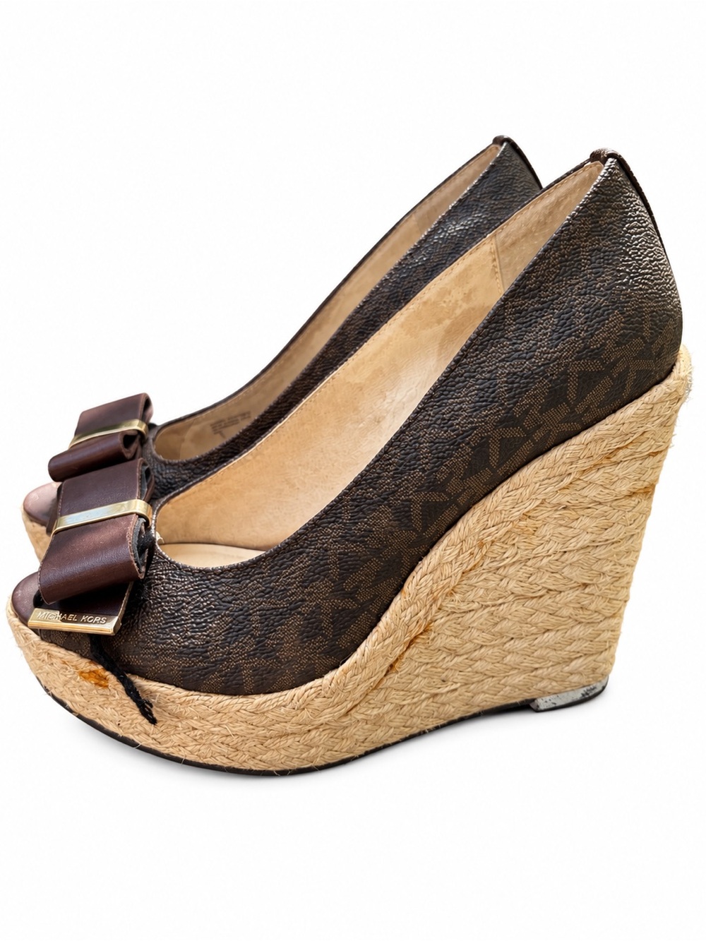 Michael Kors Brown Open-Toe Espadrille Wedges with Bow and Gold Accent